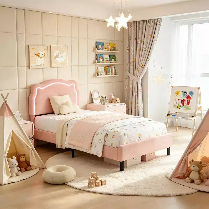 Struttura letto imbottita singola a LED con testiera, per 1 persona (bambini)