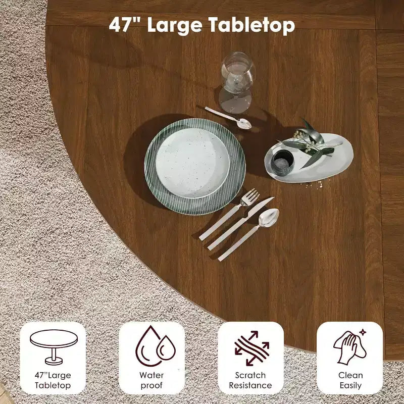 Tavolo da pranzo rotondo da 47" per 4 persone, ripiano portaoggetti a 2 livelli con anta scorrevole, nero/marrone/rovere