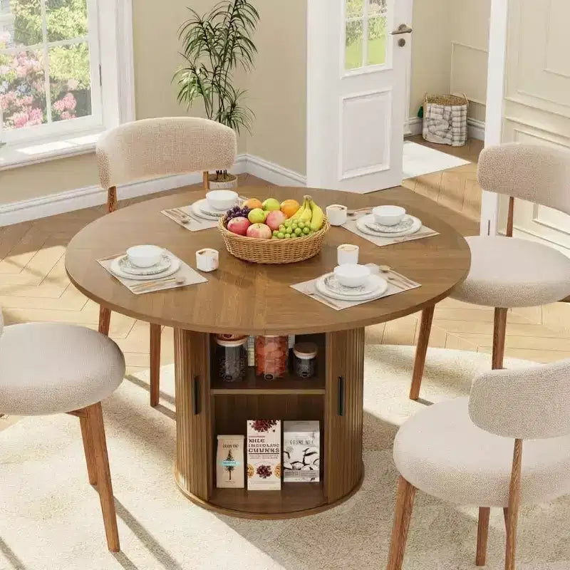 Tavolo da pranzo rotondo da 47" per 4 persone, ripiano portaoggetti a 2 livelli con anta scorrevole, nero/marrone/rovere
