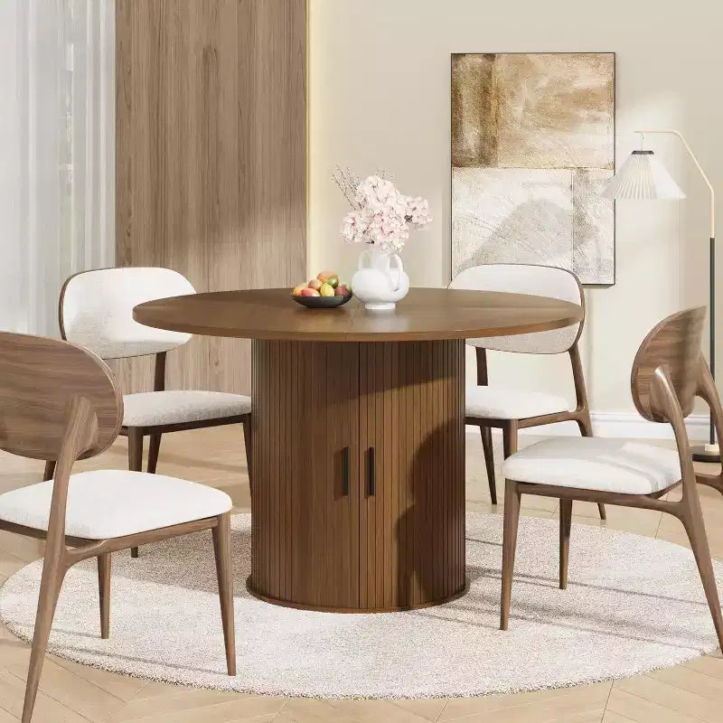 Tavolo da pranzo rotondo da 47" per 4 persone, ripiano portaoggetti a 2 livelli con anta scorrevole, nero/marrone/rovere