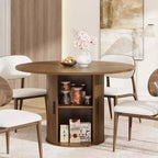 Tavolo da pranzo rotondo da 47" per 4 persone, ripiano portaoggetti a 2 livelli con anta scorrevole, nero/marrone/rovere