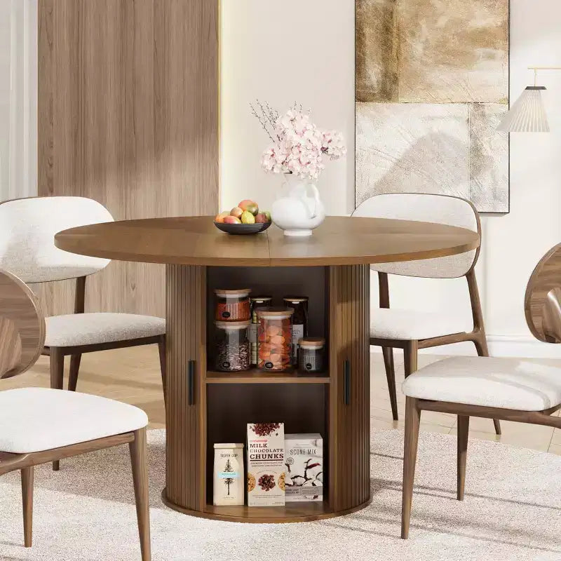 Tavolo da pranzo rotondo da 47" per 4 persone, ripiano portaoggetti a 2 livelli con anta scorrevole, nero/marrone/rovere