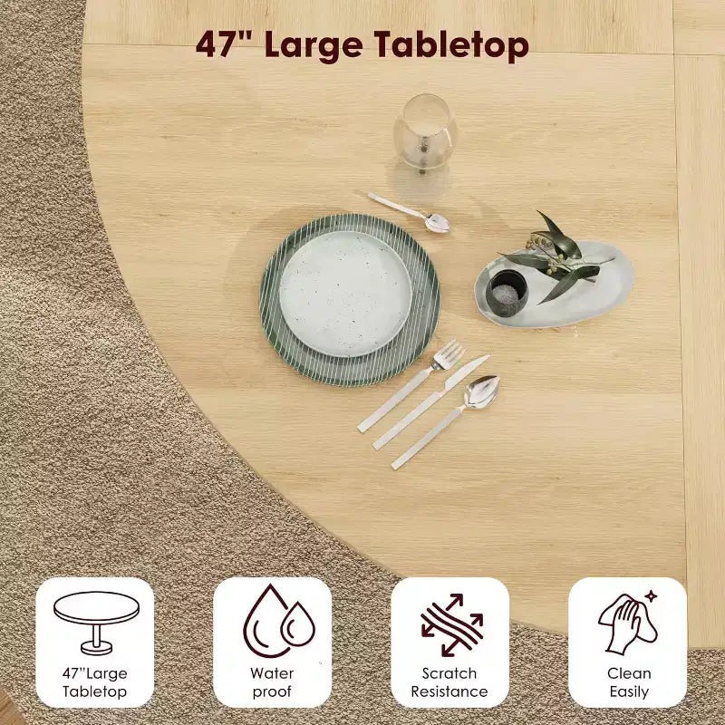 Tavolo da pranzo rotondo da 47" per 4 persone, ripiano portaoggetti a 2 livelli con anta scorrevole, nero/marrone/rovere