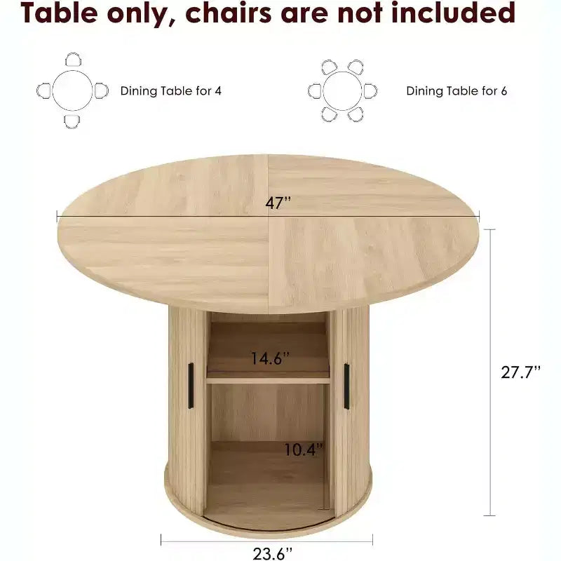 Tavolo da pranzo rotondo da 47" per 4 persone, ripiano portaoggetti a 2 livelli con anta scorrevole, nero/marrone/rovere