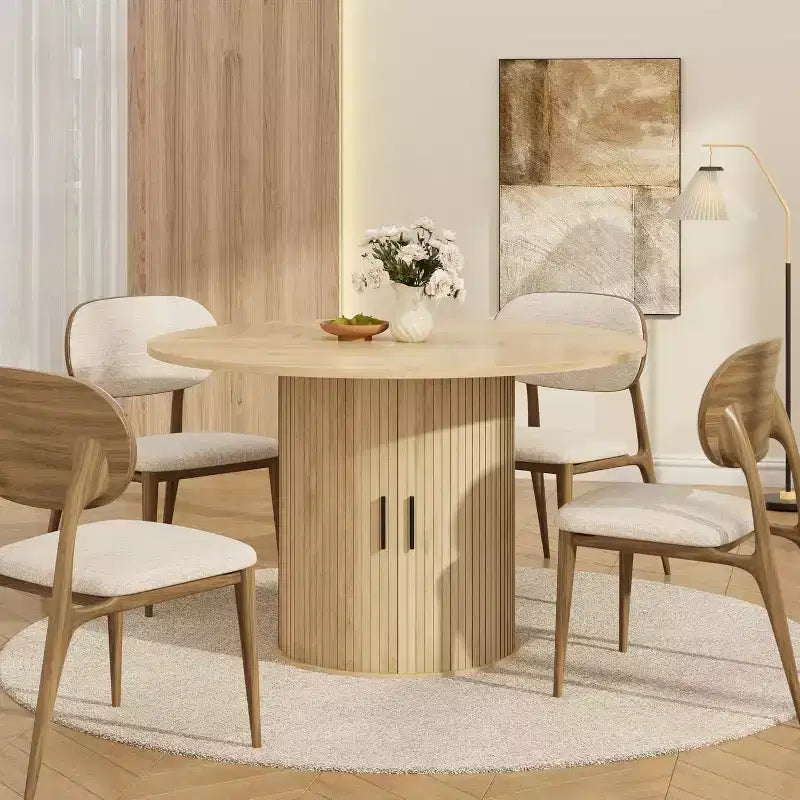 Tavolo da pranzo rotondo da 47" per 4 persone, ripiano portaoggetti a 2 livelli con anta scorrevole, nero/marrone/rovere