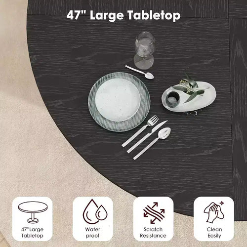 Tavolo da pranzo rotondo da 47" per 4 persone, ripiano portaoggetti a 2 livelli con anta scorrevole, nero/marrone/rovere