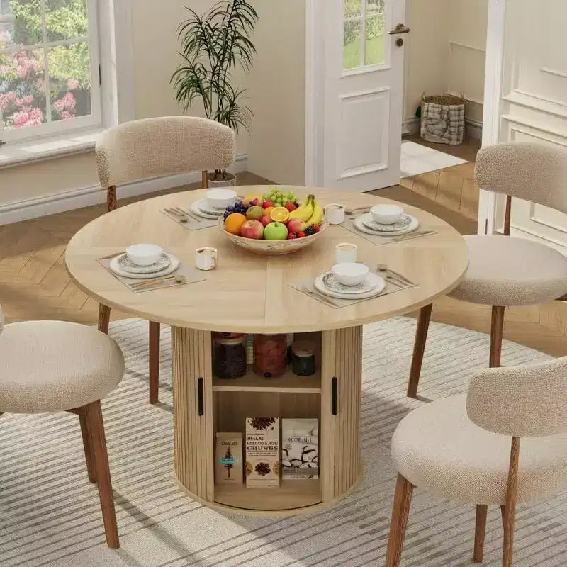 Tavolo da pranzo rotondo da 47" per 4 persone, ripiano portaoggetti a 2 livelli con anta scorrevole, nero/marrone/rovere