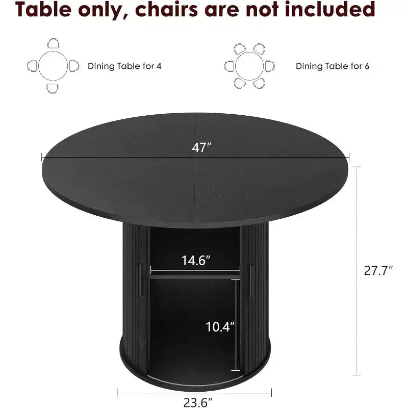 Tavolo da pranzo rotondo da 47" per 4 persone, ripiano portaoggetti a 2 livelli con anta scorrevole, nero/marrone/rovere