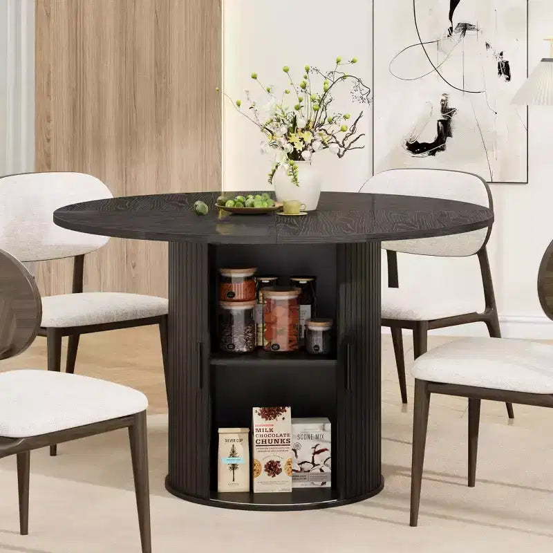Tavolo da pranzo rotondo da 47" per 4 persone, ripiano portaoggetti a 2 livelli con anta scorrevole, nero/marrone/rovere