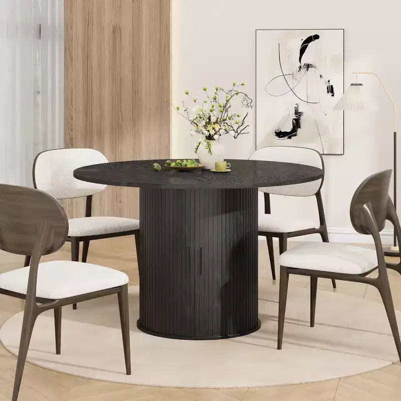 Tavolo da pranzo rotondo da 47" per 4 persone, ripiano portaoggetti a 2 livelli con anta scorrevole, nero/marrone/rovere