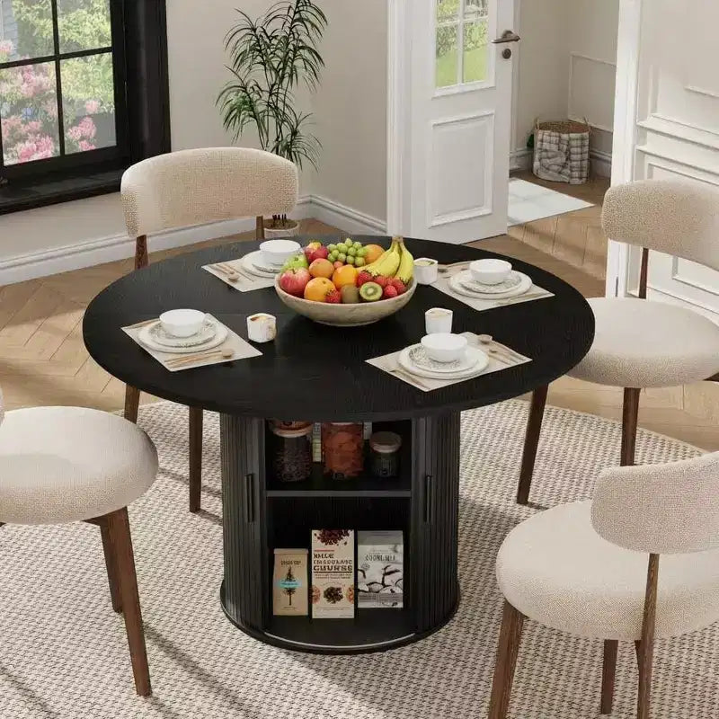Tavolo da pranzo rotondo da 47" per 4 persone, ripiano portaoggetti a 2 livelli con anta scorrevole, nero/marrone/rovere