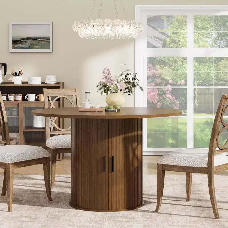 Tavolo da pranzo rotondo da 47" per 4 persone, ripiano portaoggetti a 2 livelli con anta scorrevole, nero/marrone/rovere
