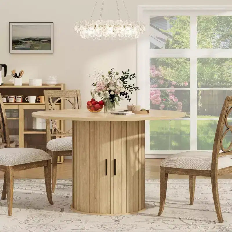 Tavolo da pranzo rotondo da 47" per 4 persone, ripiano portaoggetti a 2 livelli con anta scorrevole, nero/marrone/rovere
