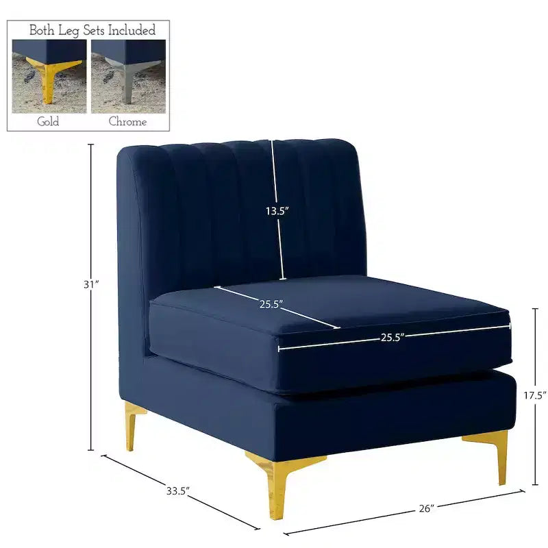 Poltrona senza braccioli in velluto blu navy, seduta singola